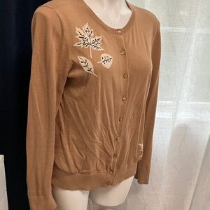 LOFT Tan Cardigan with Leaf Embroidery